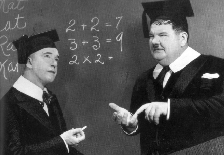 Laurel and Hardy doing a math problem